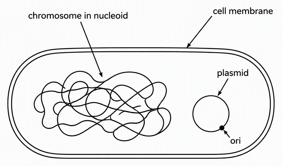 A bacterial cell with its boundary labelled cell membrane, the main chromosome labelled chromosome in nucleoid, and a separate small circular DNA molecule labelled plasmid with one marked site labelled ori, all DNA shown inside the cell.