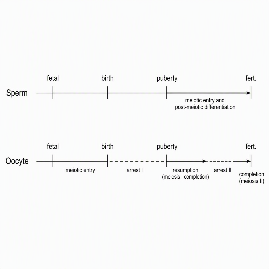 Two parallel horizontal timelines labelled “Sperm” and “Oocyte,” with milestones “fetal,” “birth,” “puberty,” and “fert.,” showing continuous meiotic entry and post-meiotic differentiation from puberty on the Sperm line, and meiotic entry before birth, arrest I, resumption after 