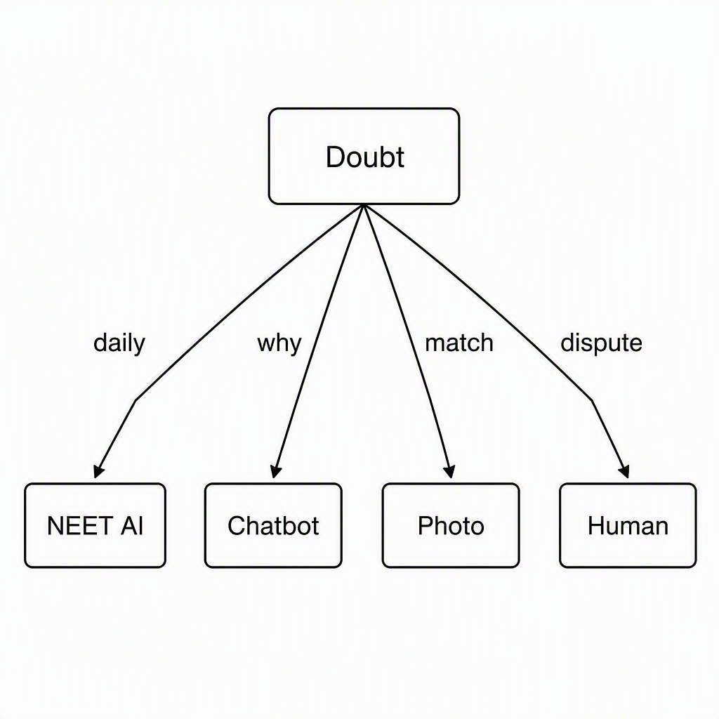 A four-branch decision tree with a root labelled “Doubt” and branches labelled “daily,” “why,” “match,” and “dispute” leading respectively to boxes labelled “NEET AI,” “Chatbot,” “Photo,” and “Human”