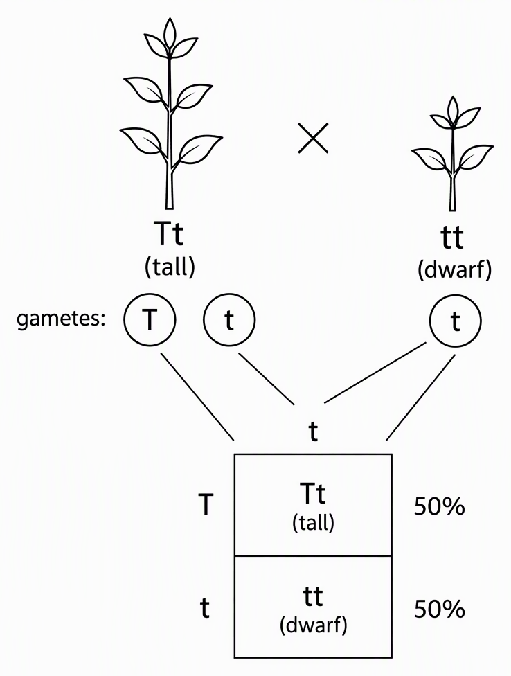 A complete-dominance test cross showing a tall parent labelled Tt with gametes T and t, a dwarf parent labelled tt with gametes t only, and offspring branches labelled Tt tall and tt dwarf with equal expected probabilities.