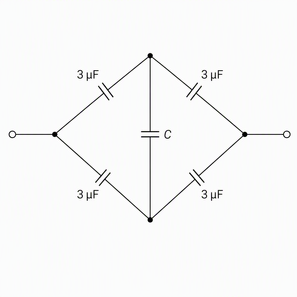 A balanced capacitor Wheatstone bridge between left and right terminals, with an upper branch of two series capacitors each labelled 3 μF, a lower branch of two series capacitors each labelled 3 μF, and one central capacitor labelled C joining the two equal-potential midpoints.