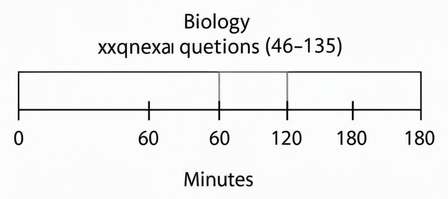 Timeline graphic showing 180-minute exam clock divided into three 60-minute segments with Biology questions marked at positions 46 to 135 to illustrate stamina demand in the second half