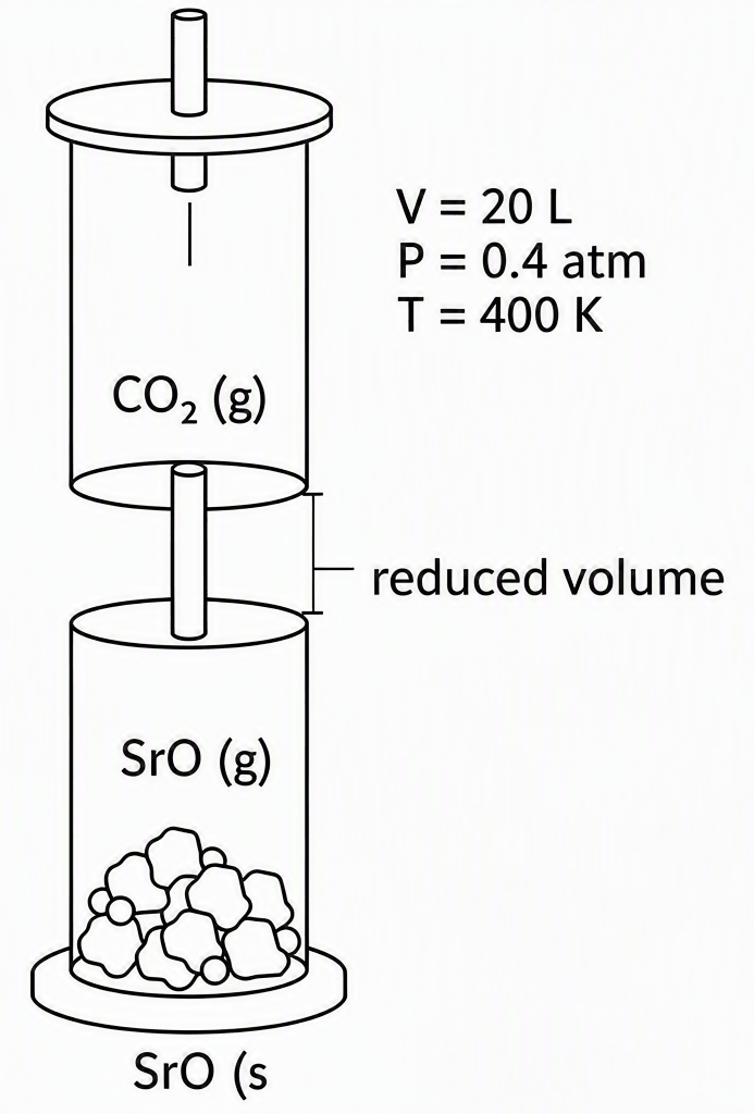 Sealed cylindrical vessel with movable piston at top compressing downward, excess SrO solid piled at bottom, CO2 gas filling the space labelled initial volume 20 L and pressure 0.4 atm at 400 K, piston position shown at both initial and reduced volumes