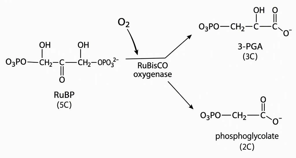 A reaction flow shows five-carbon RuBP and incoming oxygen entering a reaction labelled RuBisCO oxygenase, with outgoing branches to one three-carbon 3-PGA molecule and one two-carbon 2-phosphoglycolate molecule labelled phosphoglycolate in statement (c).