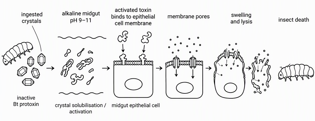 A biological mechanism flow showing ingested crystals labelled inactive Bt protoxin, alkaline midgut labelled pH 9–11 and crystal solubilisation/activation, activated toxin binding to a midgut epithelial cell membrane, membrane pores, and successive cells labelled swelling and