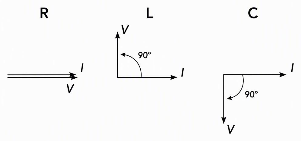 Three labelled phasor panels for pure R, pure L and pure C, each with current I pointing right, with voltage V pointing right for R, upward for L and downward for C, and quarter-turn arcs showing voltage leading current for L and lagging current for C.