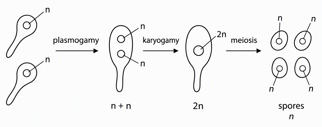 A fungal sexual-cycle sequence showing two gametes each with one nucleus labelled n, an arrow labelled plasmogamy leading to one cell with two separate nuclei labelled n + n, an arrow labelled karyogamy leading to one diploid nucleus labelled 2n, and an arrow labelled meiosis