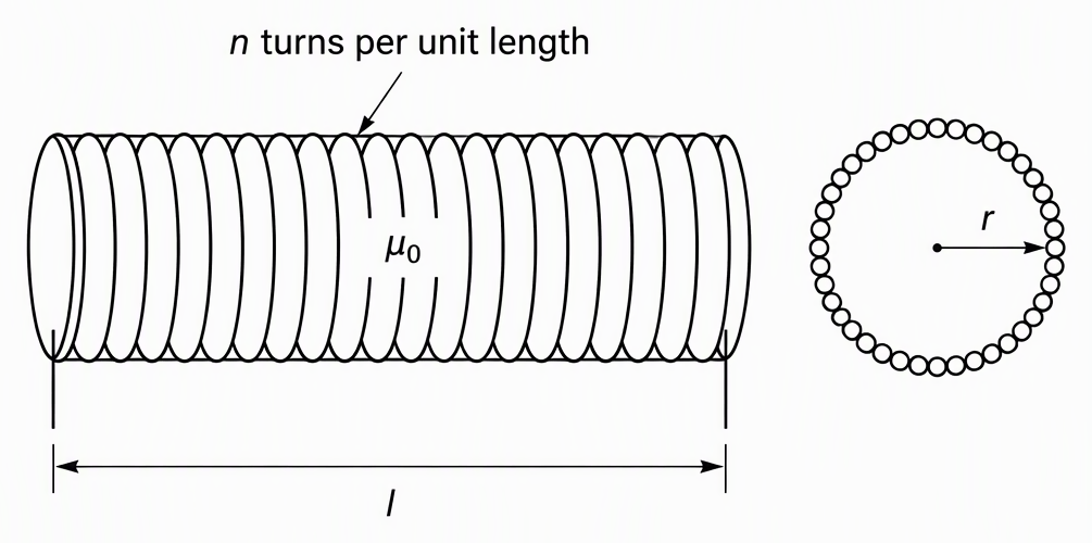 A long air-core solenoid in longitudinal view with axial length labelled l and winding density labelled n turns per unit length, alongside a circular end view with a centre-to-rim arrow labelled r, and identify the interior permeability as μ₀.
