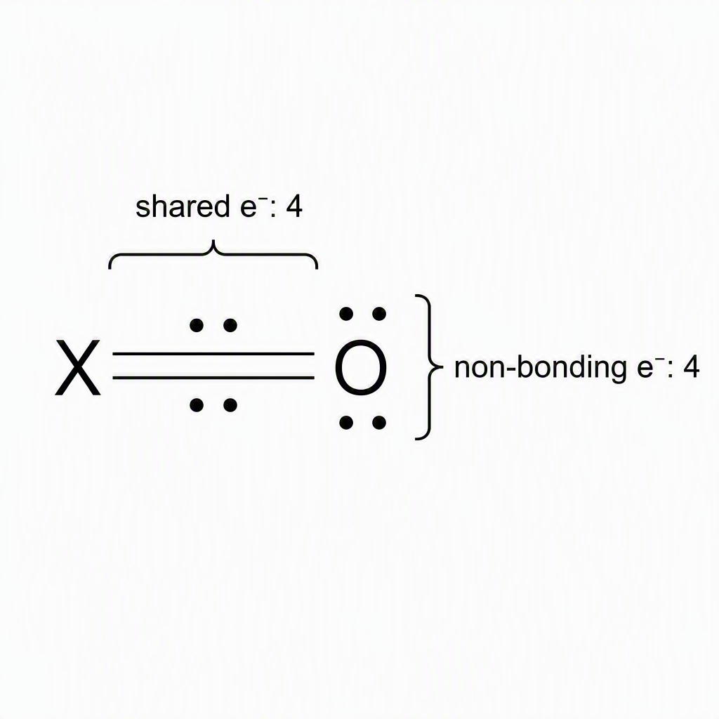 An electron-counting sketch of X=O with two lone pairs on O, the four bonding dots bracketed as “shared e−: 4” and the four lone-pair dots bracketed as “non-bonding e−: 4”