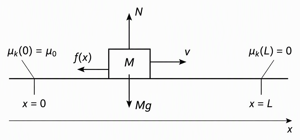 A particle labelled M on a horizontal surface with a rightward x-axis marked x = 0 and x = L, a rightward motion arrow, an upward normal force N, a downward weight Mg, a leftward kinetic-friction force f(x), and endpoint coefficient labels μₖ(0) = μ₀ and μₖ(L) = 0.