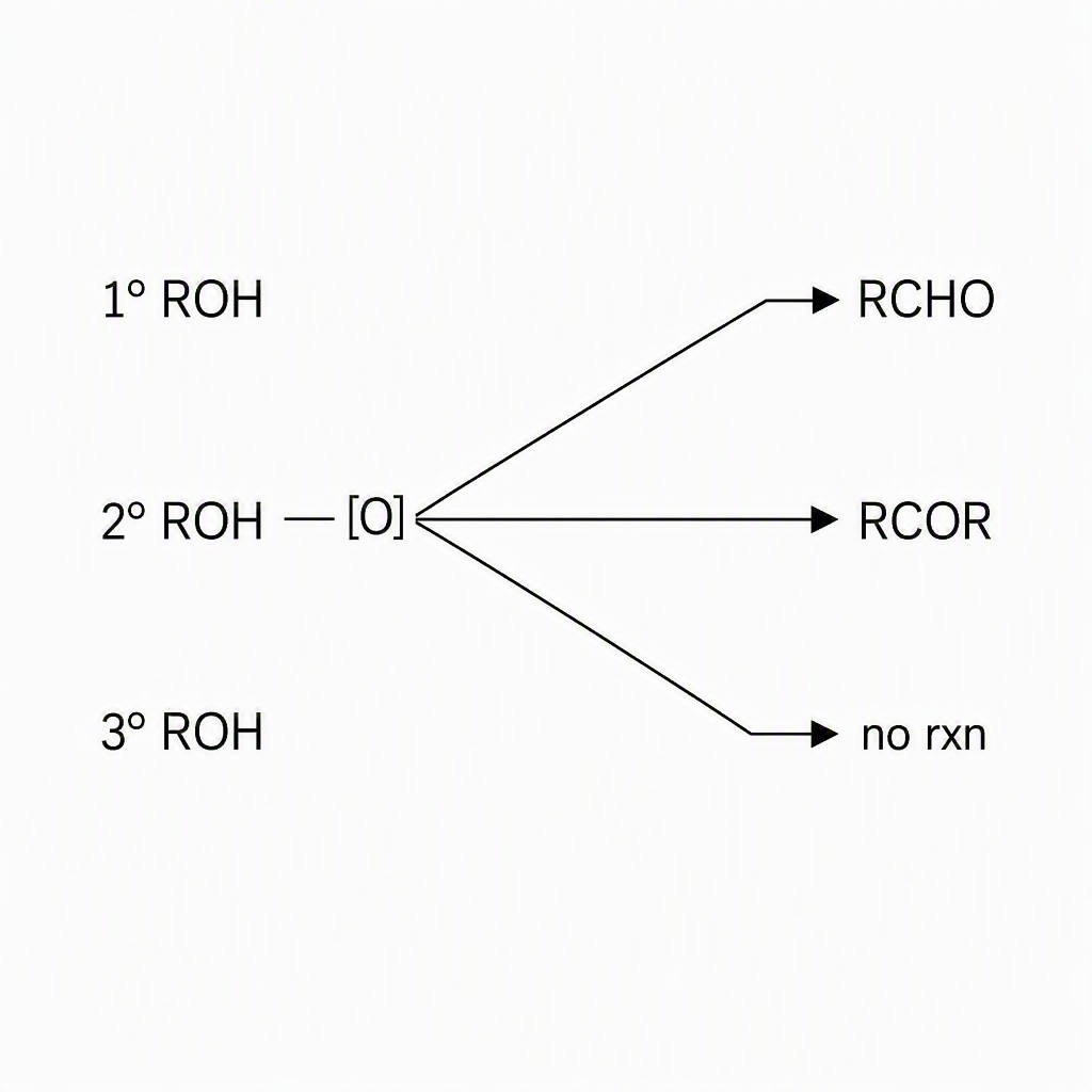 A reaction map with “1° ROH”, “2° ROH”, and “3° ROH” branching under “[O]” to products labelled “RCHO”, “RCOR”, and “no rxn”