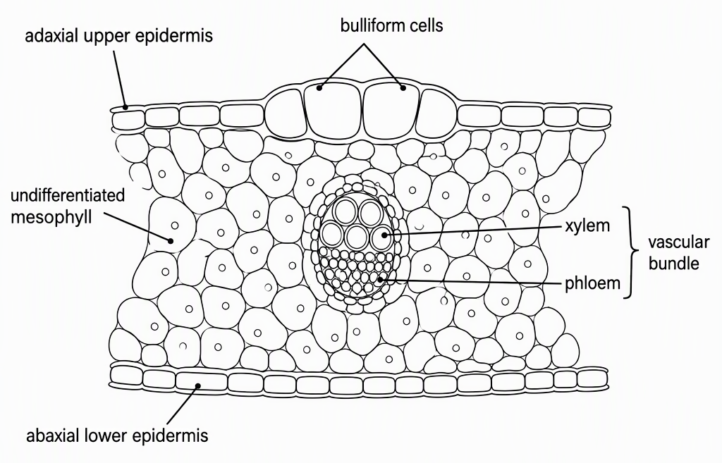 A schematic grass leaf transverse section labelled adaxial upper epidermis, bulliform cells in the upper epidermis, undifferentiated mesophyll, vascular bundle with xylem above phloem, and abaxial lower epidermis.