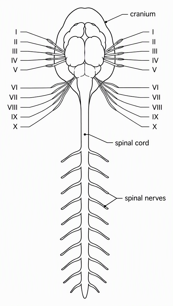 A simplified frog nervous-system schematic showing a brain enclosed by a boundary labelled cranium, a connected spinal cord, paired branches from the brain labelled cranial nerves I–X and paired branches from the spinal cord labelled spinal nerves.