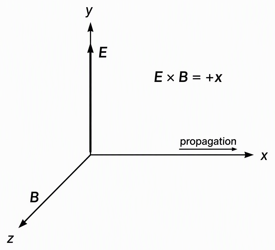 Three mutually perpendicular right-handed axes with propagation labelled along positive x, electric field labelled E along positive y and magnetic field labelled B along positive z, showing that E cross B points along propagation.