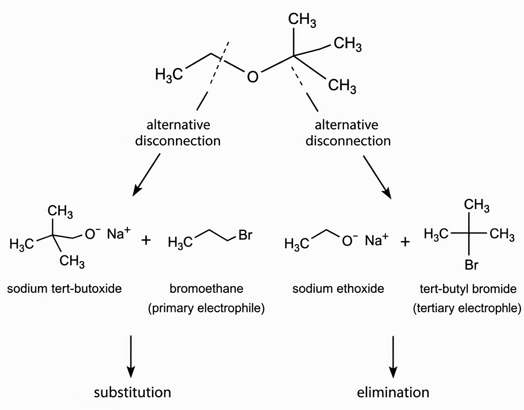Ethyl tert-butyl ether with its two carbon–oxygen bonds marked as alternative disconnections, one leading to sodium tert-butoxide plus bromoethane labelled primary electrophile and substitution, and the other to sodium ethoxide plus tert-butyl bromide labelled tertiary