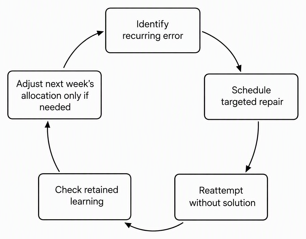 A five-step cycle with arrows linking boxes labelled Identify recurring error, Schedule targeted repair, Reattempt without solution, Check retained learning and Adjust next week's allocation only if needed.