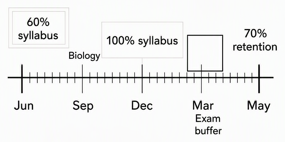 Timeline bar showing four quarters from June to May with labeled blocks for 60 percent Biology coverage by September, full syllabus by December, school exam buffer in March, and 70 percent retention target by end of May