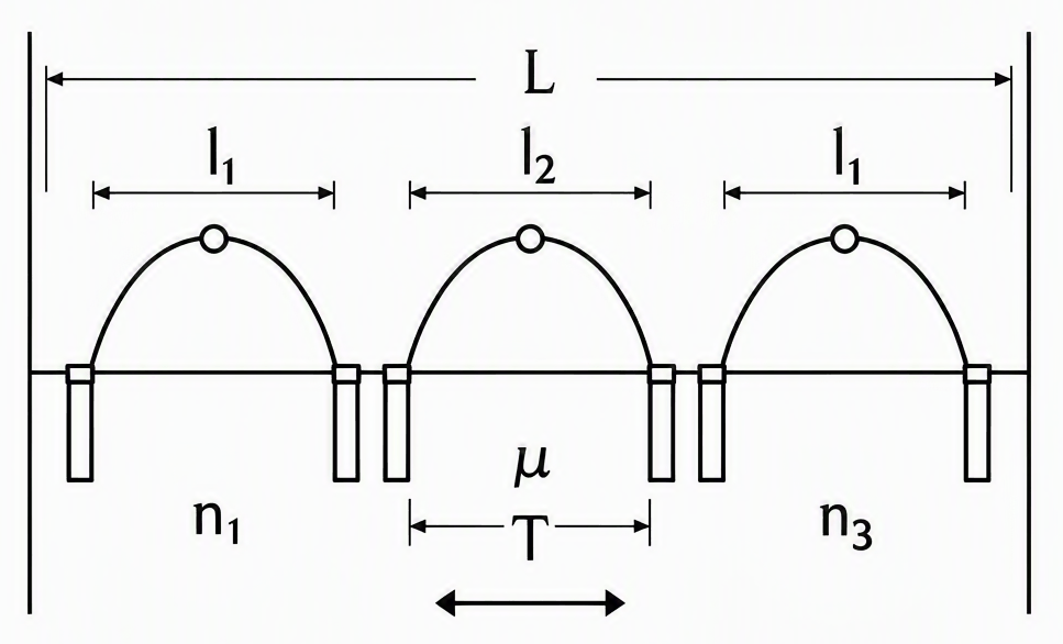 A uniform string of total length L fixed at both ends, held under constant tension T and having uniform linear mass density μ, is divided by two rigid supports into three consecutive segments of lengths l₁, l₂ and l₃ that vibrate separately in their respective fundamental modes