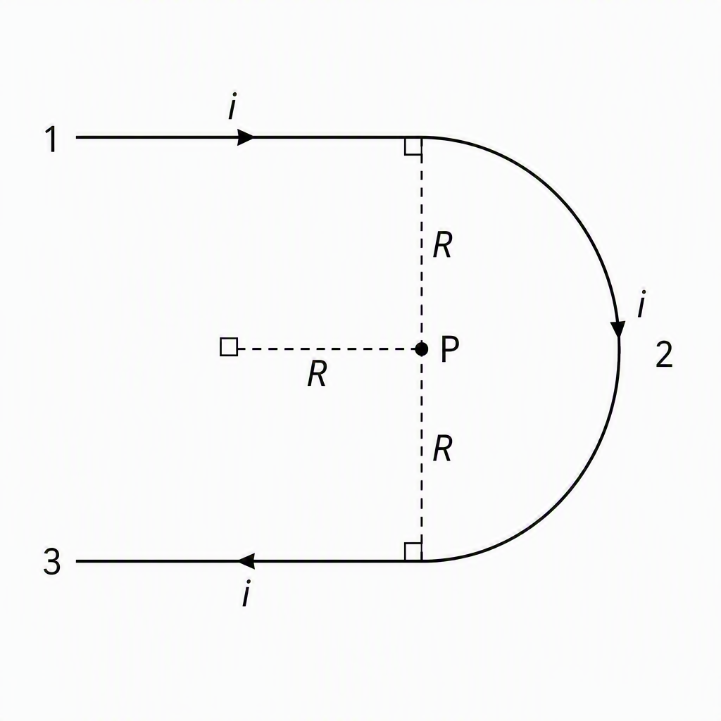 A bent conductor of two parallel semi-infinite straight portions labelled 1 and 3 joined by a semicircular arc labelled 2, current arrows labelled i along the conductor, centre P, and dashed radius and perpendicular distances labelled R