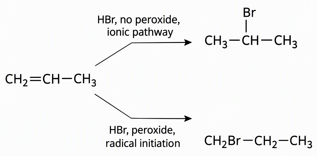 Two reaction pathways from propene, the upper arrow labelled “HBr, no peroxide, ionic pathway” leading to 2-bromopropane with bromine on the middle carbon, and the lower arrow labelled “HBr, peroxide, radical initiation” leading to 1-bromopropane with bromine on the terminal