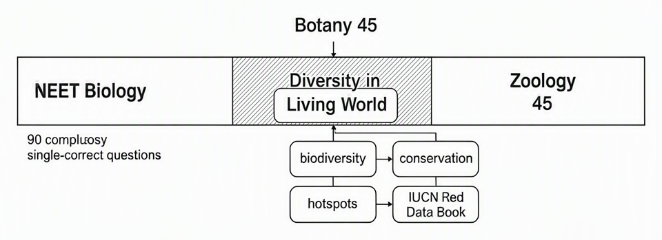 Timeline of NEET Biology paper structure showing 90 compulsory single-correct questions divided into Botany 45 and Zoology 45, with a highlighted segment for Diversity in Living World containing labels for biodiversity, conservation, hotspots and IUCN Red Data Book