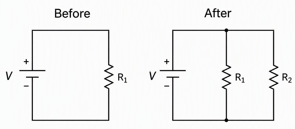Two circuit panels labelled Before and After show an ideal constant-voltage source labelled V connected across resistor R1, with the After panel adding resistor R2 across the same two nodes while retaining R1.
