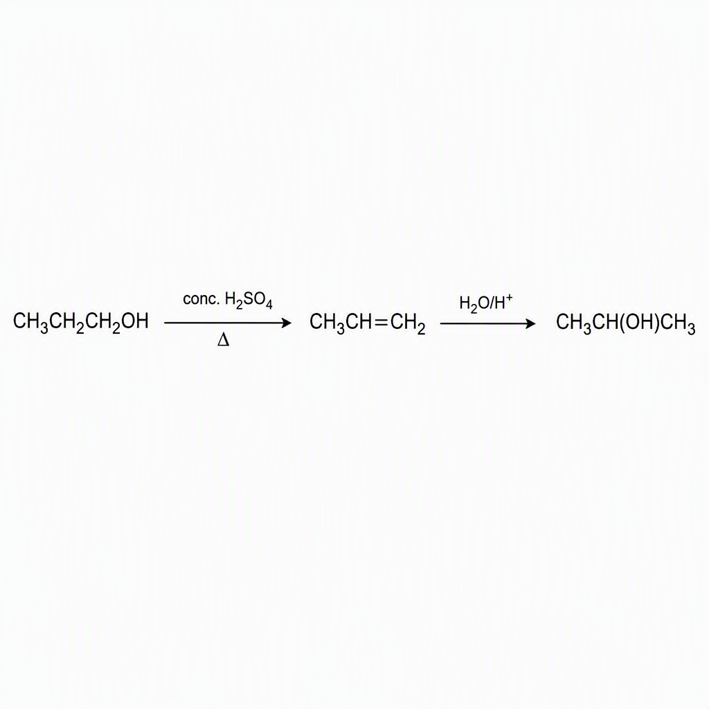 A three-stage structural reaction pathway labelled CH3CH2CH2OH, CH3CH=CH2, and CH3CH(OH)CH3, with successive arrow labels conc. H2SO4, Δ and H2O/H+