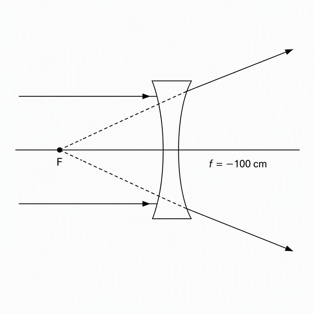 An optical-axis ray path through an equivalent diverging lens labelled f=−100 cm, with parallel incident rays, diverging emergent rays, and dashed backward extensions meeting at the virtual focus F on the left