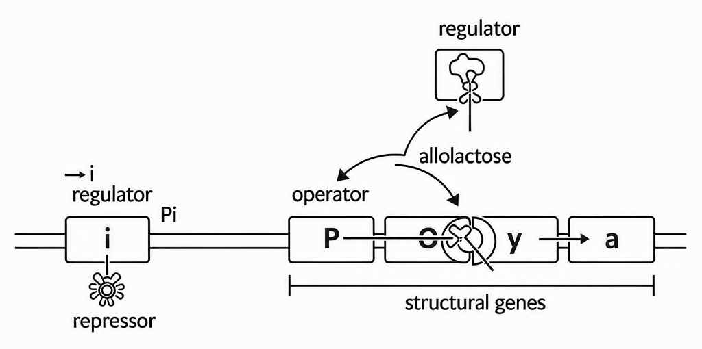 Lac operon with regulator gene i and its independent promoter on the left producing repressor protein, a separate common promoter for structural genes z y a with operator region, repressor bound to operator in absence of inducer, and allolactose shown binding repressor to