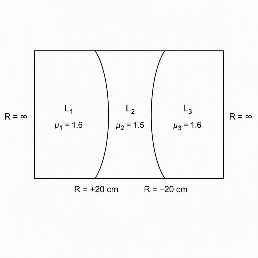 A left-to-right cross-section of three thin layers in contact labelled L1, L2, L3 with refractive indices μ1=1.6, μ2=1.5, μ3=1.6, outer plane surfaces labelled R=∞, and shared curved boundaries labelled R=+20 cm and R=−20 cm