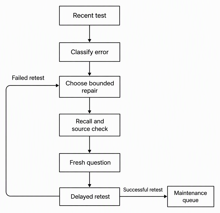 A revision loop with labelled boxes Recent test, Classify error, Choose bounded repair, Recall and source check, Fresh question and Delayed retest, with a failed retest arrow returning to Choose bounded repair and a successful retest arrow leading to Maintenance queue.