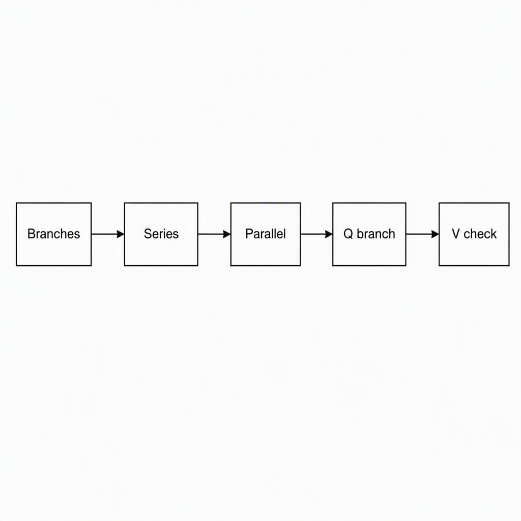 A left-to-right five-box process flow with arrows connecting boxes labelled Branches, Series, Parallel, Q branch, and V check