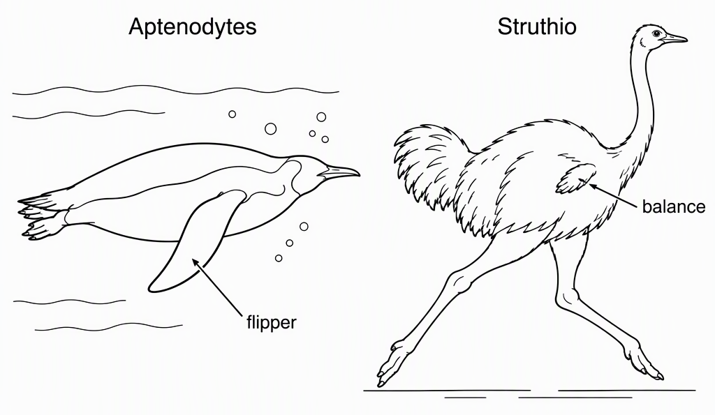 A side-by-side functional comparison showing a swimming penguin labelled Aptenodytes with its forelimb labelled flipper used for swimming, and a running ostrich labelled Struthio with its small forelimb labelled balance while running.