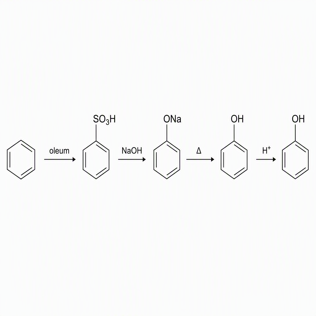 A four-stage aromatic reaction pathway showing benzene, PhSO3H, PhONa, and PhOH, with successive arrow labels oleum, NaOH, Δ, and H+