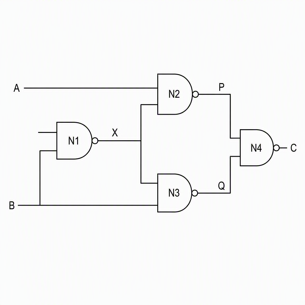 Four NAND gates with inputs A and B entering N1, label N1 output X, connect A and X to N2 with output P, connect B and X to N3 with output Q, and connect P and Q to N4 whose output is C.