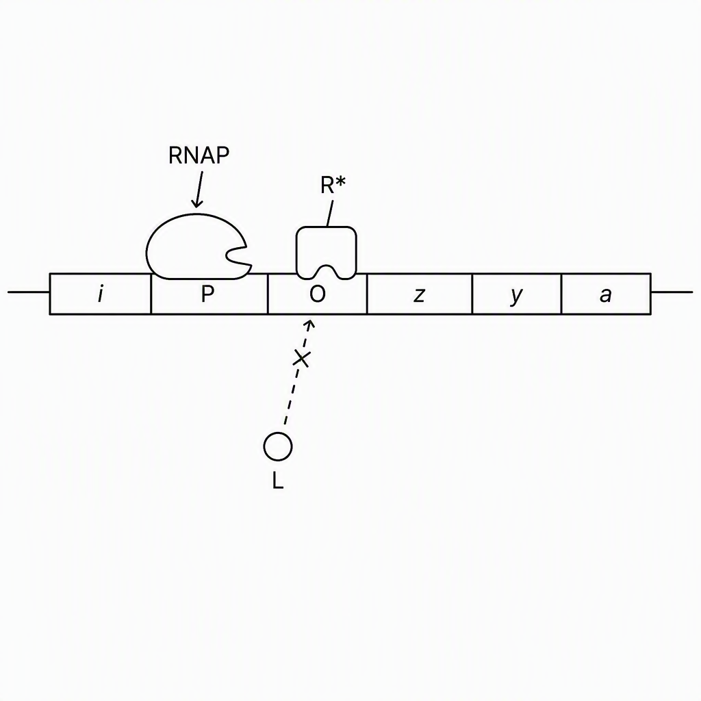 A linear lac operon labelled i, P, O, z, y, a, with a mutant repressor labelled R* bound to O, lactose labelled L unable to bind R*, and RNA polymerase labelled RNAP blocked at P