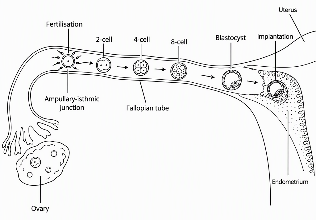 A labelled fallopian tube joining the uterus, showing fertilisation at the ampullary-isthmic junction, cleavage stages during transport toward the uterus, and a blastocyst implanting in the uterine endometrium, with arrows indicating this sequence.