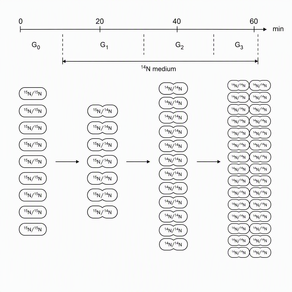A horizontal 0–60 min timeline with ticks labelled 0, 20, 40, 60, generation labels G0, G1, G2, G3, ten starting cells labelled 15N/15N at 0, and the growth interval labelled 14N medium