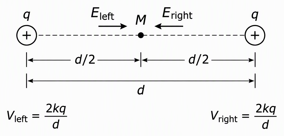 Two equal positive point charges labelled q separated by d in vacuum, midpoint M at distance d/2 from each charge, equal opposing field arrows at M labelled E_left pointing right and E_right pointing left, and scalar potential contributions labelled V_left = 2kq/d and V_right =