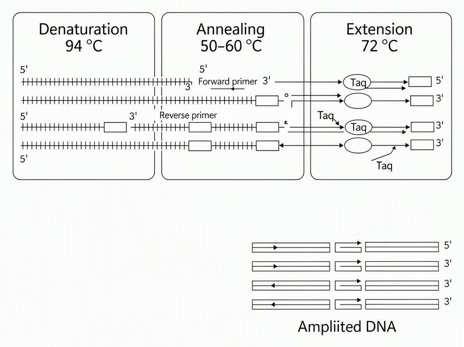 Steps of polymerase chain reaction showing three labelled stages (denaturation at 94°C, annealing at 50-60°C, extension at 72°C) with Taq polymerase, forward and reverse primers, template DNA strands, and resulting amplified DNA after multiple cycles