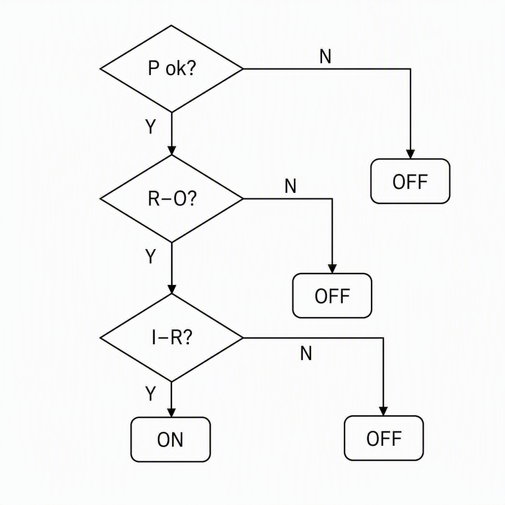A mutation decision flowchart with nodes labelled P ok?, R–O?, and I–R?, branches labelled Y and N, and terminal outcomes labelled ON and OFF