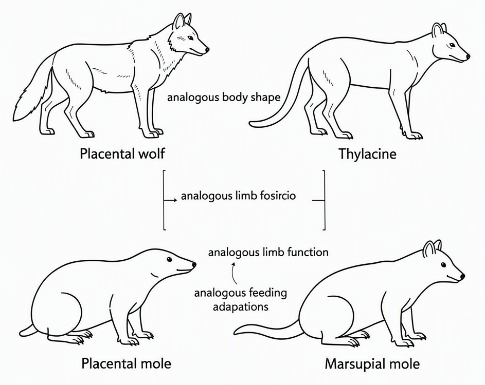 Side-by-side comparison of placental mammals and Australian marsupial counterparts such as the wolf and thylacine plus the mole and marsupial mole, with each pair labeled for analogous body shape, limb function, and feeding adaptations developed in separate lineages