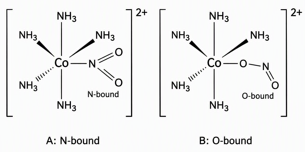 Two cobalt complexes each with five NH3 ligands and one nitrite ligand inside brackets of overall charge 2+, with A explicitly bonded Co–N to the nitrite nitrogen and labelled N-bound, and B explicitly bonded Co–O–N through a nitrite oxygen and labelled O-bound.