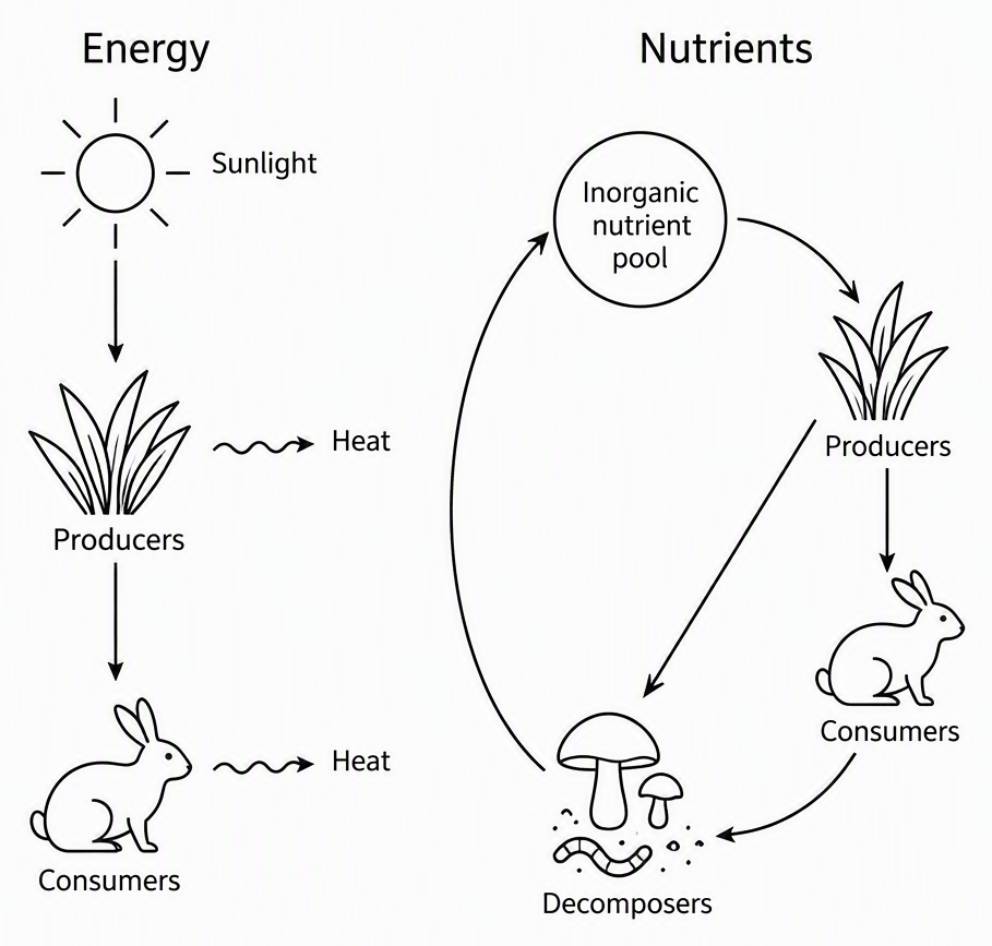 Two side-by-side ecosystem pathways, one labelled Energy showing sunlight entering producers then consumers with heat-loss arrows leaving each group, and one labelled Nutrients showing arrows from the inorganic nutrient pool to producers to consumers to decomposers and back to