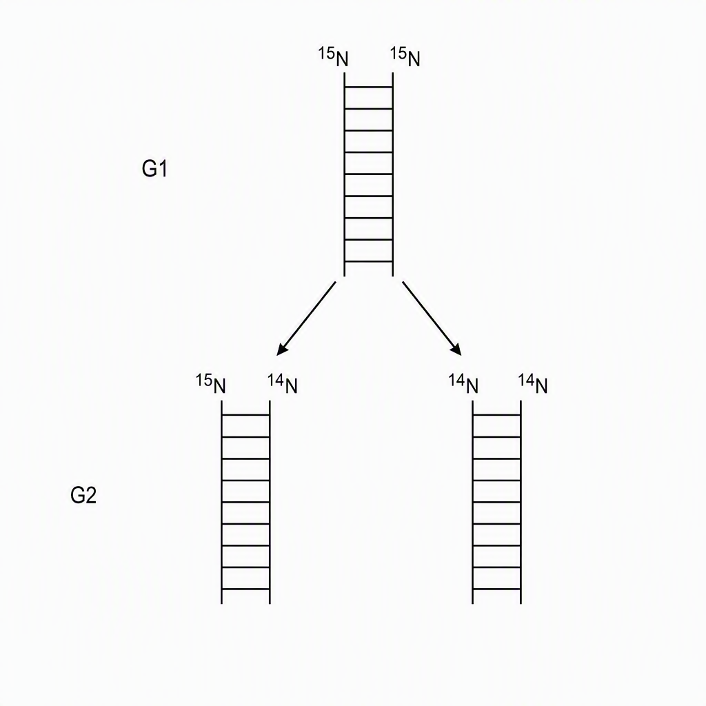 A strand-level semiconservative replication tree from one hybrid molecule at G1 to one hybrid and one fully light molecule at G2, with conserved strands labelled 15N and new strands labelled 14N