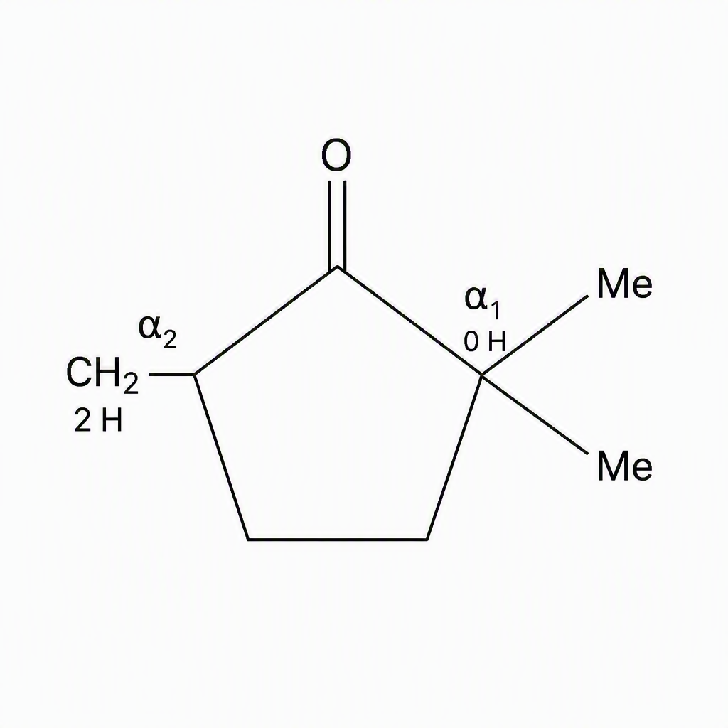 A skeletal structure of 2,2-dimethylcyclopentanone with the two carbonyl-adjacent ring carbons labelled α1 and α2, α1 bearing two Me groups and labelled 0 H, and α2 labelled CH2 and 2 H