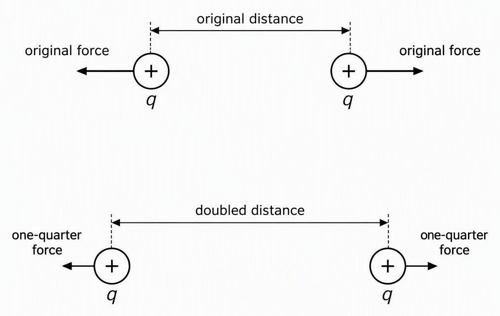 Two panels show the same pair of positive point charges, with separation labelled original distance in the first and doubled distance in the second, and outward force arrows labelled original force and one-quarter force respectively.