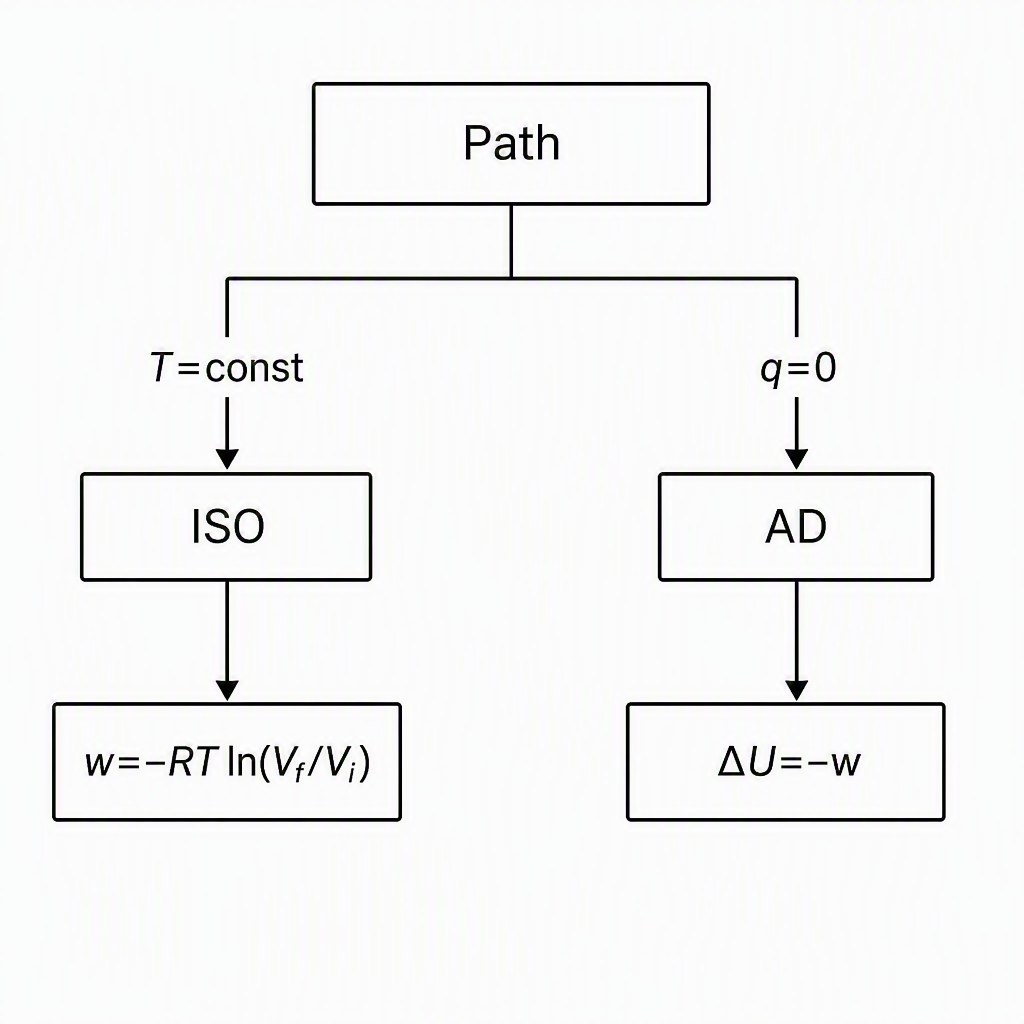 A two-branch process-classification flowchart with a central box labelled Path, a branch labelled T=const leading to ISO and w=-RT ln(Vf/Vi), and a branch labelled q=0 leading to AD and ΔU=-w