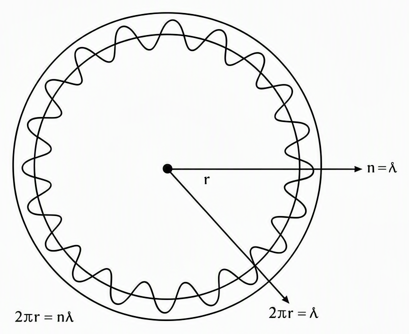 Circular Bohr orbit of radius r with an electron de Broglie wave forming a standing wave, exactly n = 4 wavelengths fitting the circumference, labelled 2πr = nλ