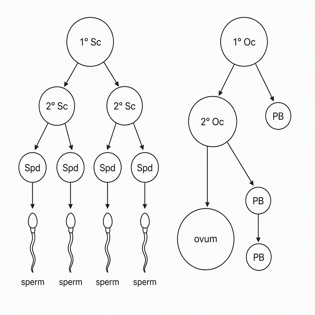 Side-by-side branching cell lineages showing one large “1° Sc” dividing into two “2° Sc,” then four “Spd,” then four equal “sperm,” and one large “1° Oc” dividing unequally into one “2° Oc” plus “PB,” then one large “ovum” plus additional “PB”
